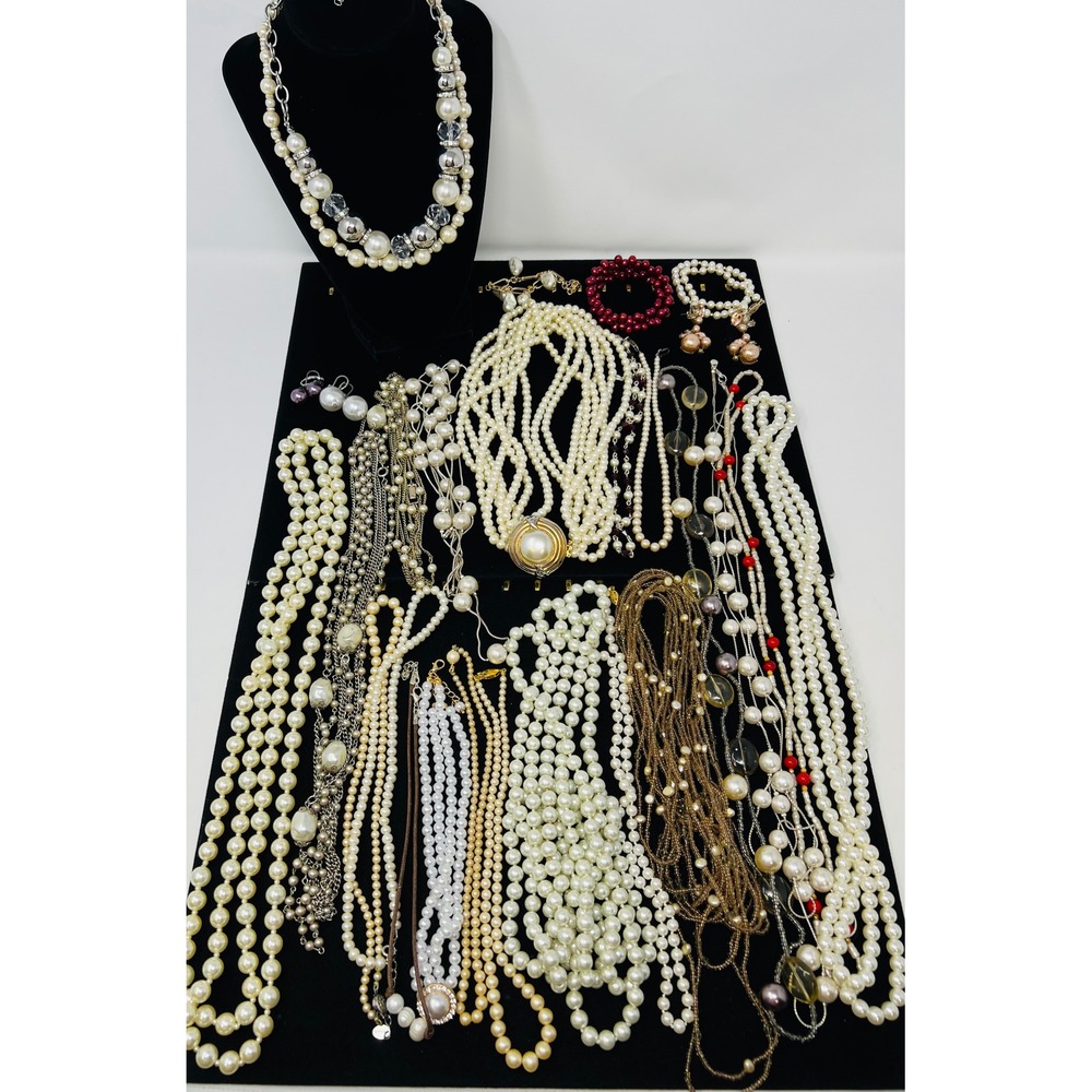 Vintage to Modern Pearl Necklace & Bracelet Gold & Silver Tone Beaded Lot of 21